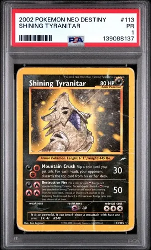 PSA 4 Shining Tyranitar #113/105 Secret Rare Holo Pokémon Neo Destiny 2002 Graded Card PSA 4 Shining Tyranitar #113/105 Secret Rare Holo Pokémon Neo Destiny 2002 Graded Card